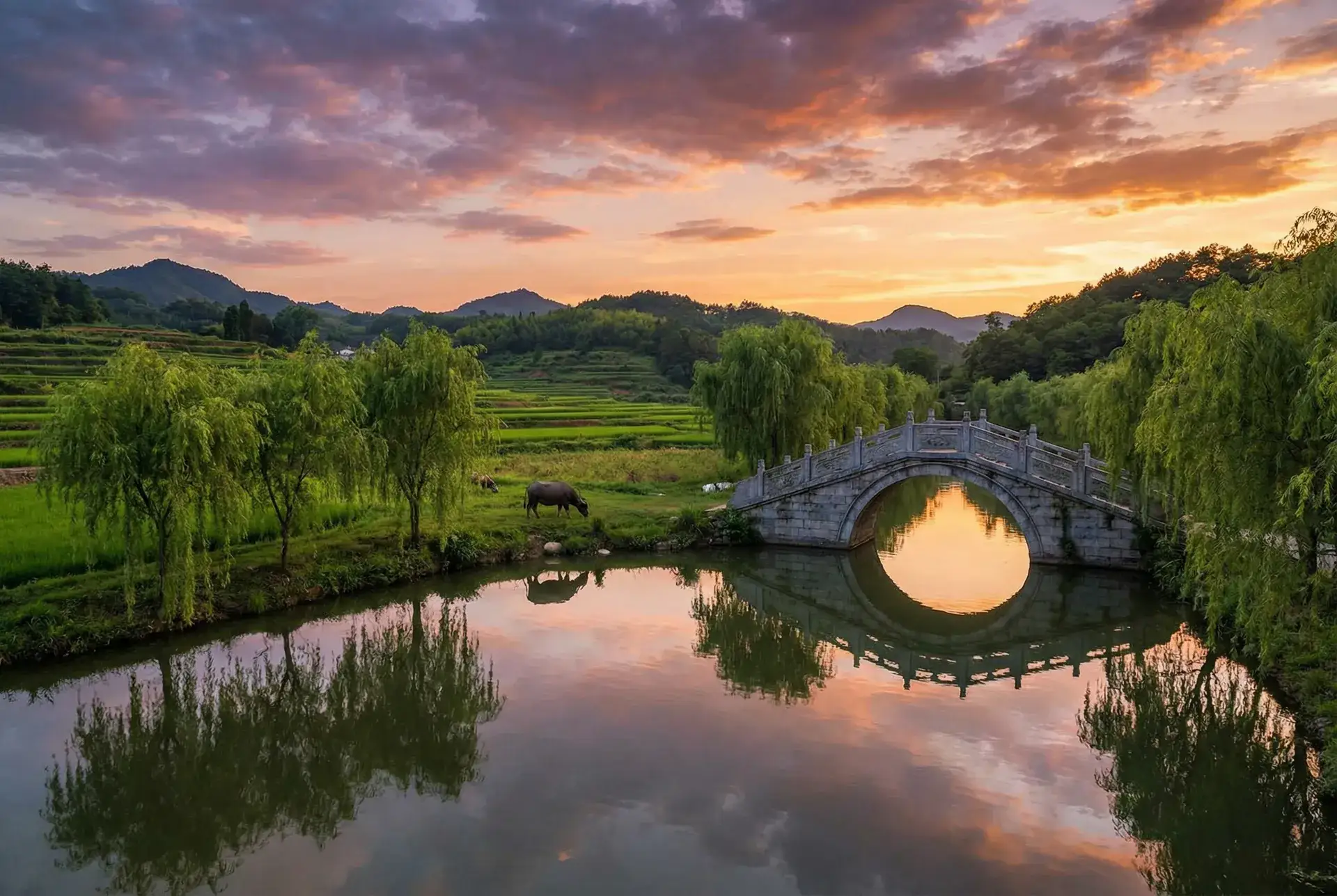 夕阳下的石拱桥与垂柳，水牛在河边吃草 - ai脱衣免费 乡村美景